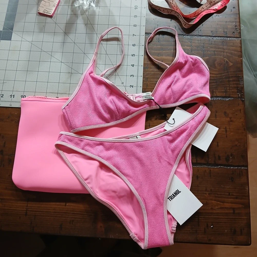NWT TRIANGL pink punch sparkle S bikini set w/ bag beach coquette fairy y2k doll